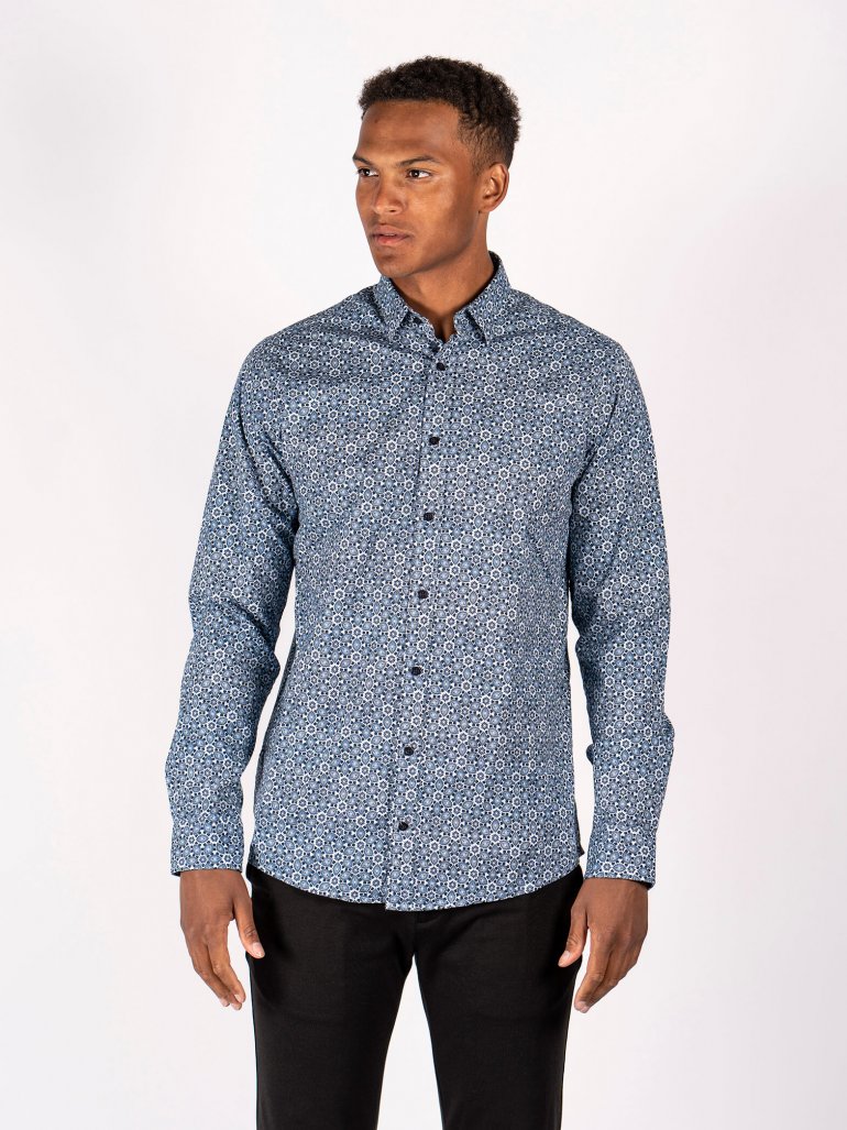 Marcus - Mønstret bomuldsskjorte med stretch, lys blå - Herre - Small